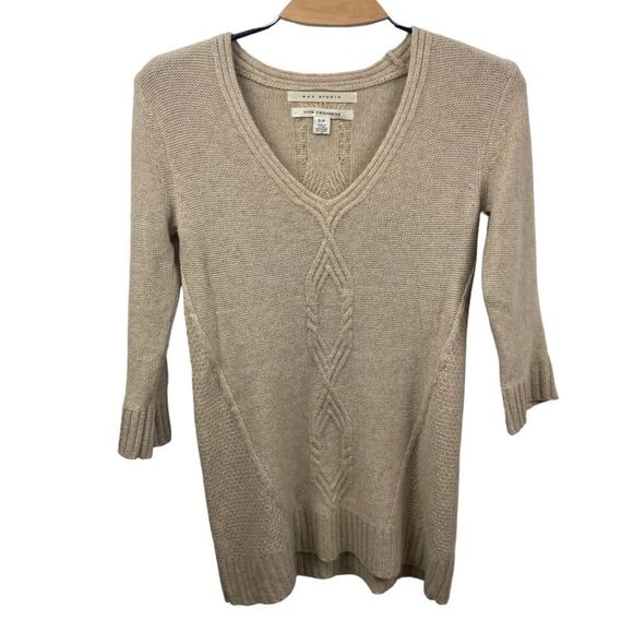 MAX Studio 100% Cashmere Tan Cable Knit V Neck 3/4 Sleeve Sweater Size S - Picture 2 of 7